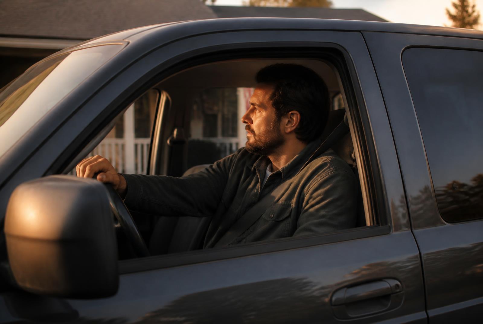 A father sitting in his truck in the driveway, looking toward his home