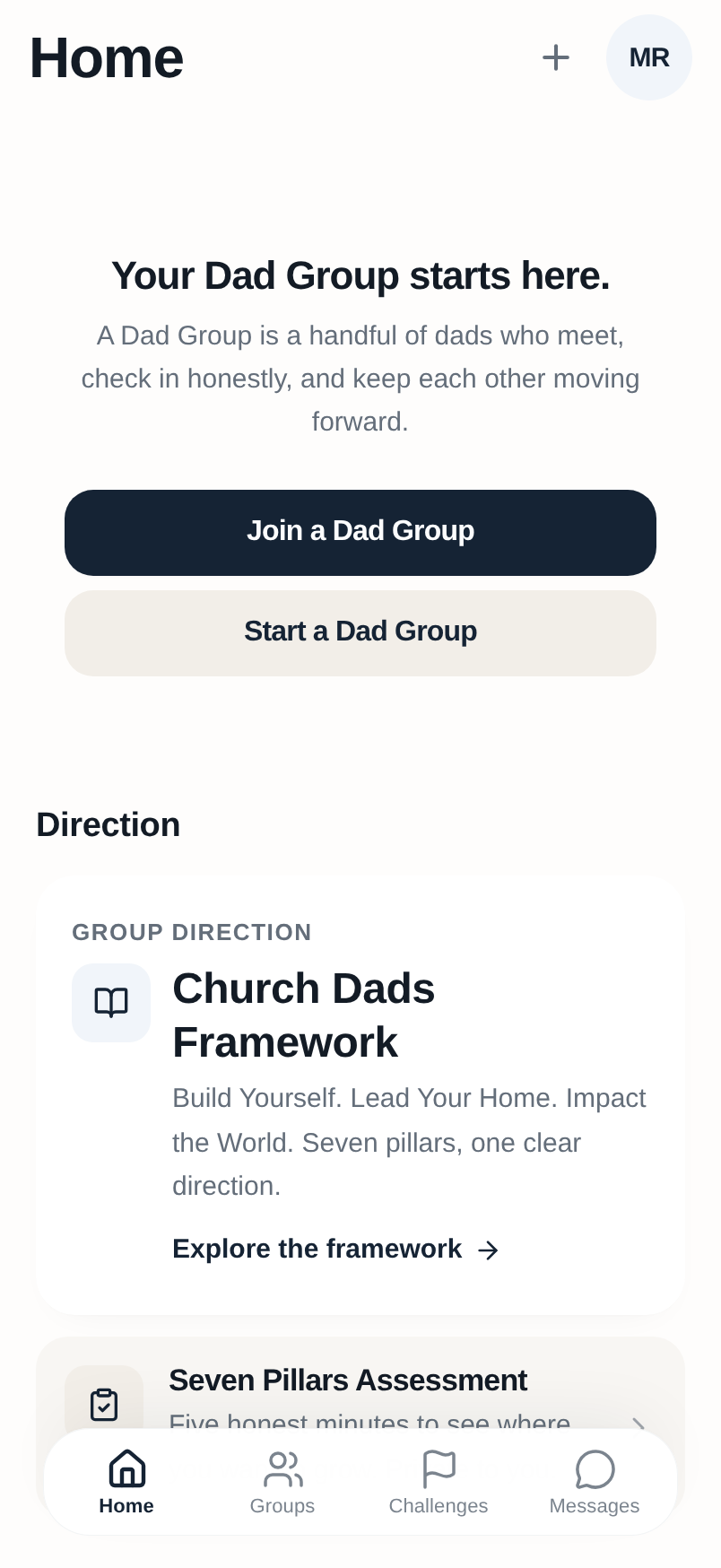 The Dad Groups home screen showing this week's check-in and group challenge